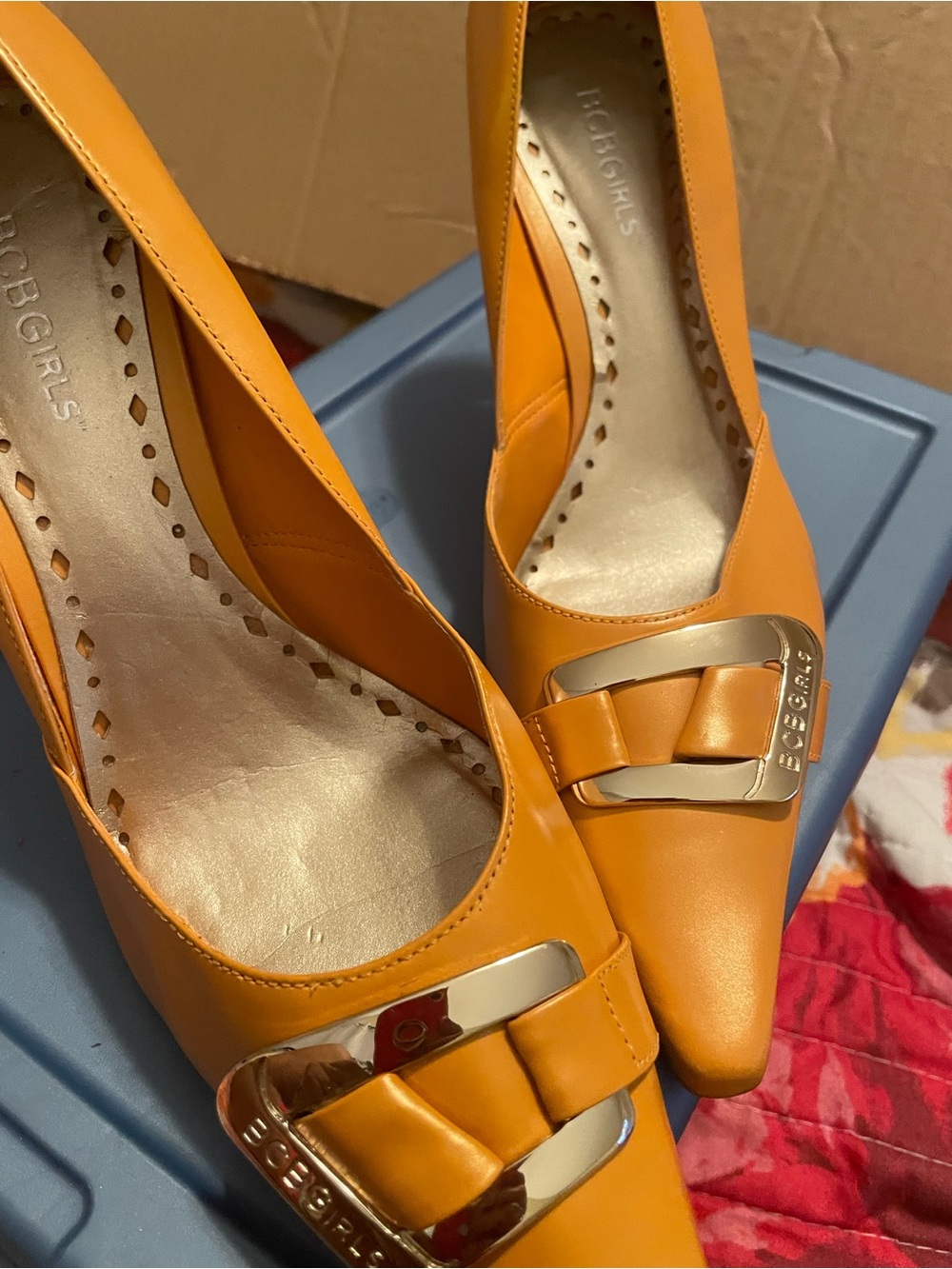 BCBGirls Orange Pointed Toe Dress Pumps with Gold Buckle